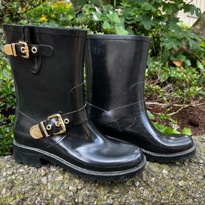 GUC Black Rain Boots w/ Gold Buckles!